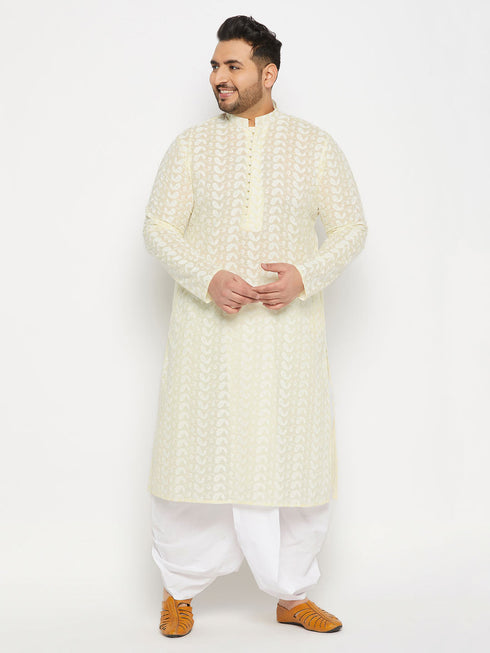 Vastramay Men's Plus Size Chikankari Embroidered Kurta And White Dhoti Set